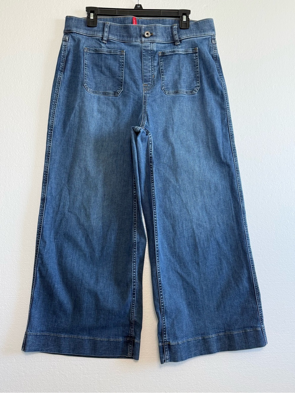 SPANX High Rise Cropped Wide Leg Jeans Blue Wash, Size XL Shaping Patch Pocket